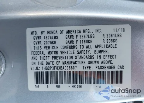 2011 Honda Accord 3.5 Ex-L z USA, uszkodzony, nr VIN 1HGCP3F8XBA008807